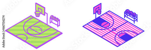 Basketball Courts with Hoops and Balls, Minimalist flat design