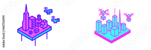 Isometric city skyline with delivery drones, Minimalist flat design
