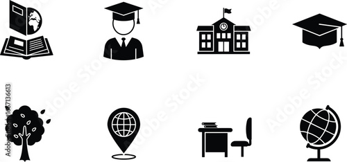 Black and white education icons showing school, graduation, global learning, study environment, academic achievement, knowledge, teaching, learning, vector illustration