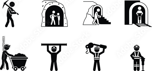 Black and white mining icons showing workers, tools, machinery, excavation, teamwork, underground tunnels, material transport, construction, drilling, industry illustration
