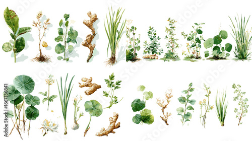 Watercolor botanical illustration of medicinal herbs including ginger, lemongrass, and pennywort, perfect for herbalism, education, and packaging design.