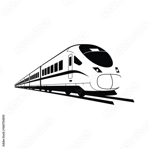 a black and white illustration of a bullet train on tracks moving quickly