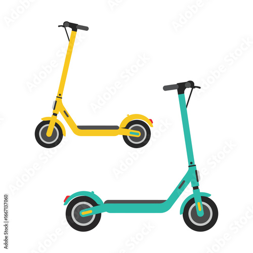 Two modern electric scooters in yellow and teal colors on white background