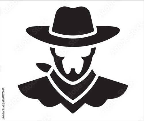 Icon of a cowboy or outlaw with a hat and bandana, representing the Wild West, adventure, and rebellious spirit.