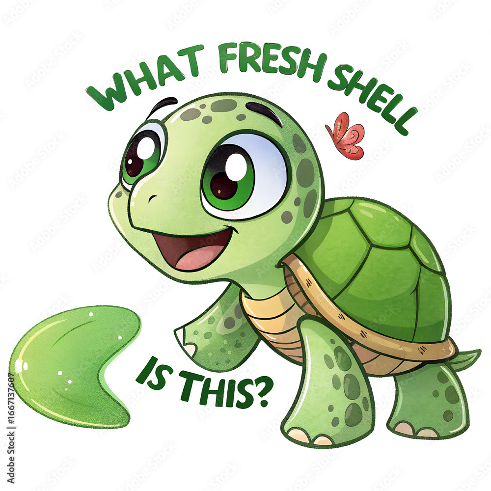 Fototapeta premium A charming cartoon turtle wonders about a misplaced piece of shell