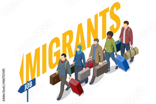 Isometric illustration of a group of migrants with luggage moving abroad for work opportunities.