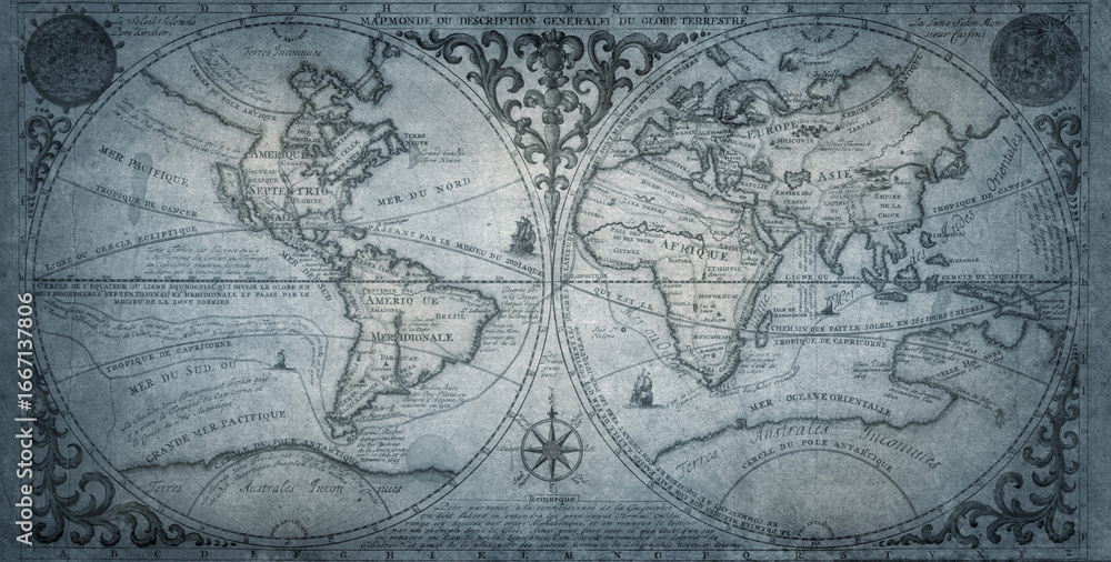 Obraz premium Old geographical map of the world of the 18 century. A good background for design on the theme of travel, geography, history, voyage, etc. Ancient map background.