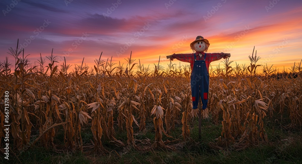 Fototapeta premium A scarecrow stands in a field of corn at sunset the colorful sky creating a vibrant backdrop