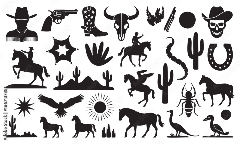 Fototapeta premium Black and White Silhouette Set of Western and Wildlife Icons including Cowboy Boot Snake and Horse Wild West Design Elements