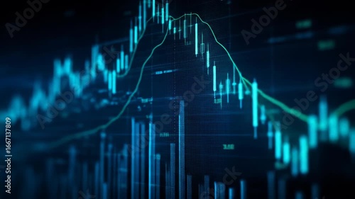 Abstract financial data visualization on a dark screen.  Detailed graphic displays of stock market trends, including lines, bars and candlestick charts, in teal