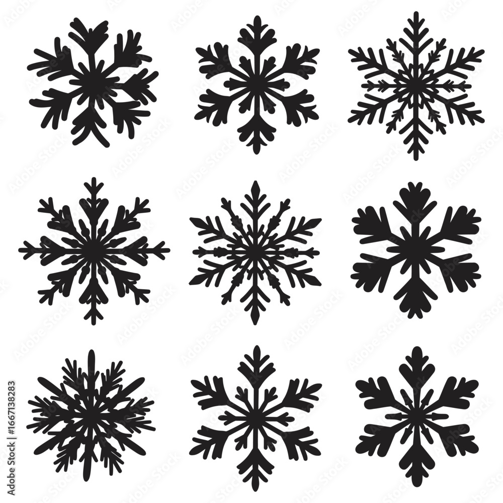 Collection of black snowflakes on white background winter elements Collection of black snowflakes on white background winter elements