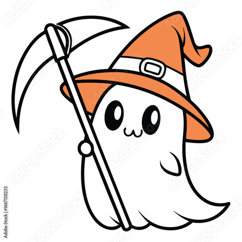 Adorable cartoon ghost wears an orange hat and brandishes a scythe on transparent backdrop