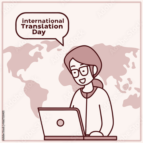 Smiling translator works using a laptop before world map celebrating international translation day