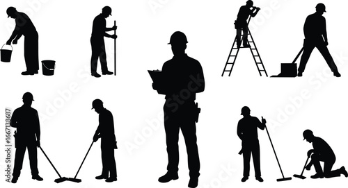 Construction worker silhouette set, black vector icons of labor tasks, clipboard, ladder, mop, kneeling, bucket, tool belt, teamwork