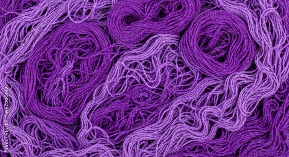 Fototapeta premium Twisted, swirling, messy pile of purple yarn, background pattern