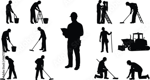 Construction worker silhouette set, black vector illustration of labor tasks, supervisor with clipboard, teamwork, tools, ladder, bulldozer, hard hat