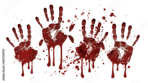 Bloody handprints with dripping blood splatters on a black and white background design element