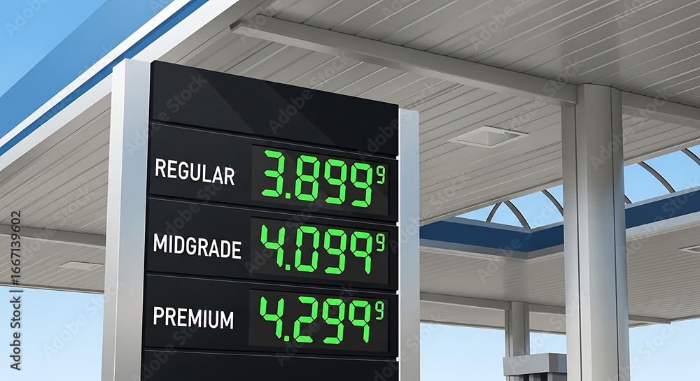 Fototapeta premium Gas station sign displaying prices for regular, midgrade, and premium fuel, with prices shown in green digital numbers against a black background, under a blue and white canopy