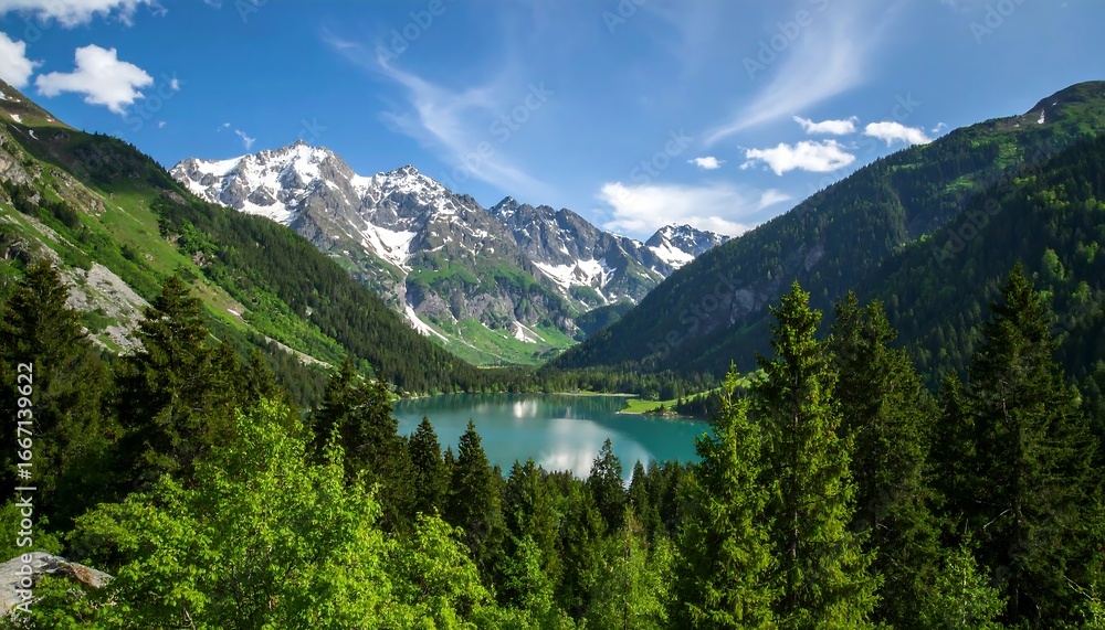 Fototapeta premium Alpine Lake with Mountain Vista, and Summer.