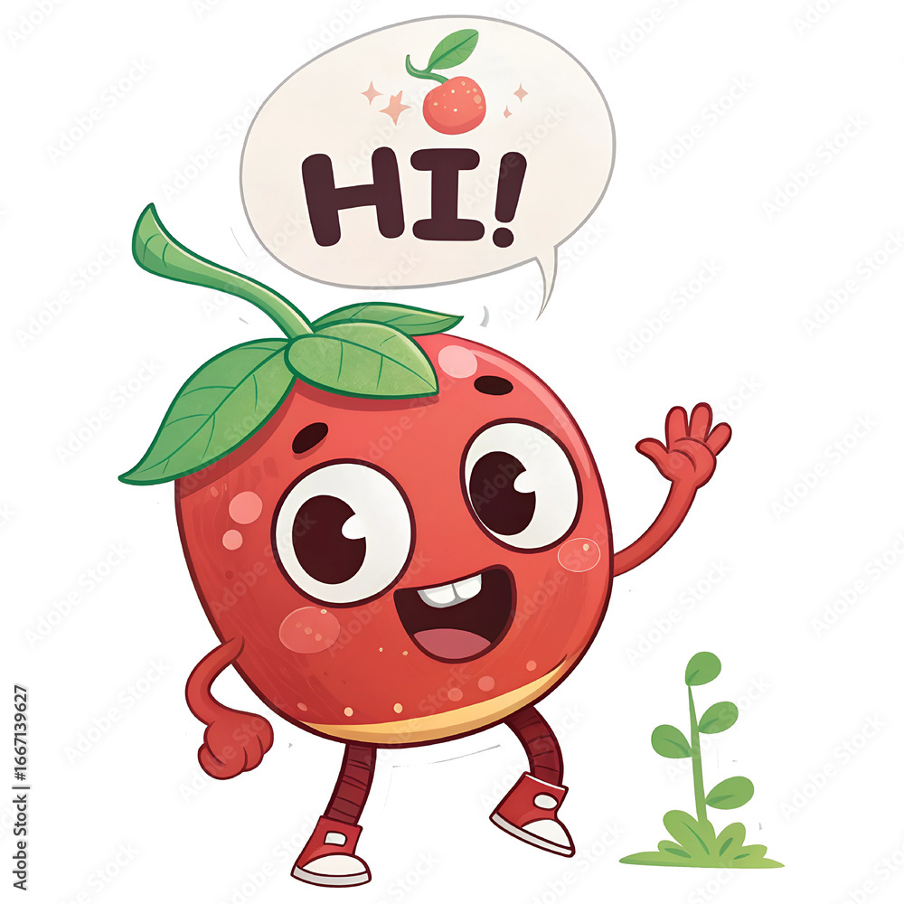 Obraz premium Cheerful Cartoon Fruit Character Waving Hello with Speech Bubble and Sprout
