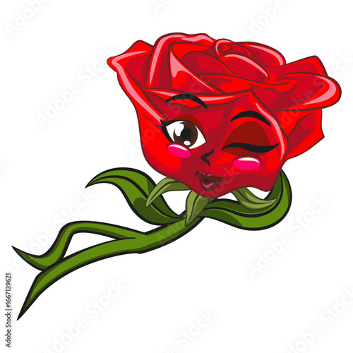 cute red rose flower cartoon mascot character vector illustration lying relaxed while giving a seductive wink, work of hand drawn