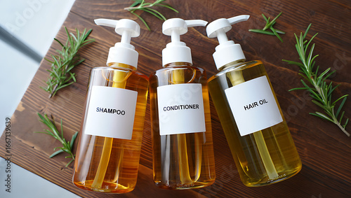 Three clear bottles with white pump dispensers, labeled shampoo, conditioner, and hair oil, are arranged on a rustic wooden surface with sprigs of fresh rosemary