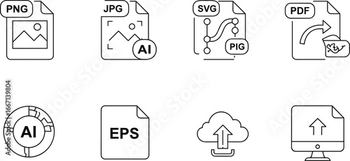 Digital file format icons, PNG JPG SVG PDF EPS AI cloud upload, vector illustration for graphic design and web interface
