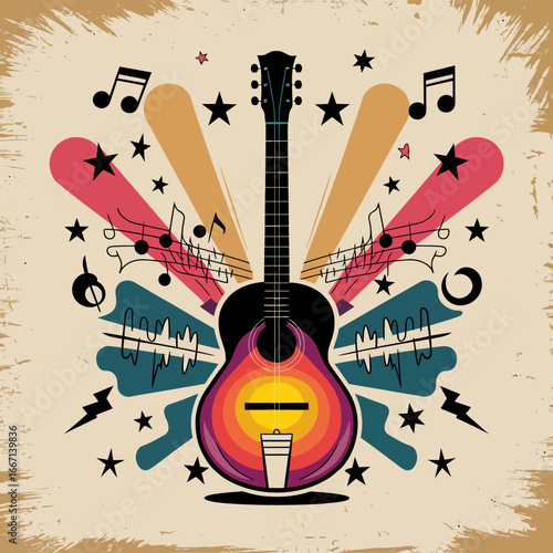 2d vector illustration art Retro music guitar with symbol and rock music with colorful background, Summer t shirt 
