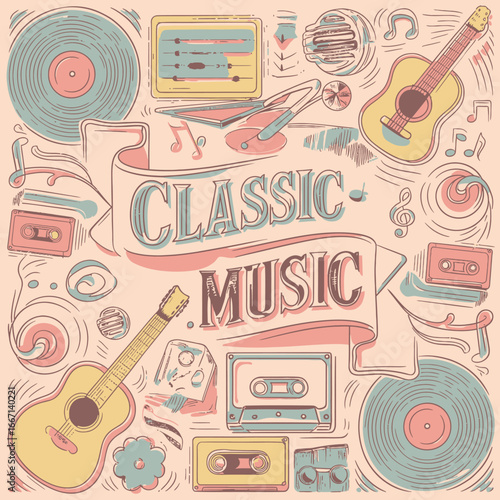2d vector illustration art  Retro music guitar with symbol and rock music with colorful  background, Summer t shirt 
