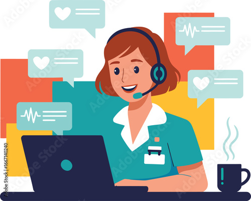 Smiling woman with headset working on laptop with chat bubbles vector