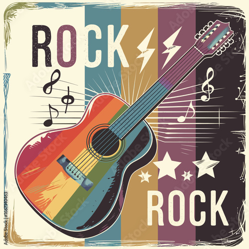 2d vector illustration art Retro music guitar with symbol and rock music with colorful background, Summer t shirt