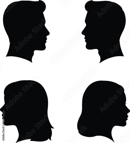 Human head silhouette set, male and female profile icons in black vector style for identity, gender, recognition, and design