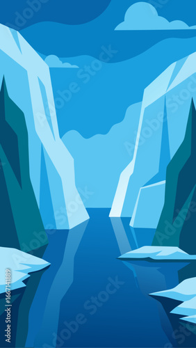 Glacial waters between towering icebergs