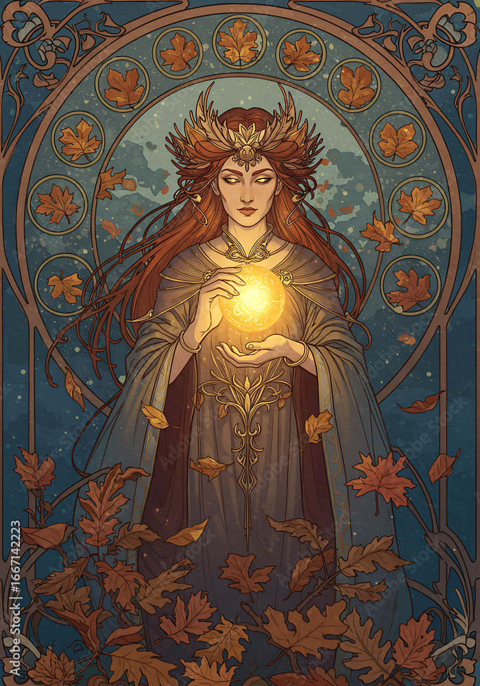 Obraz premium Mystical woman with autumn crown holds glowing orb, surrounded by falling leaves and zodiac symbols in a richly detailed fantasy scene.