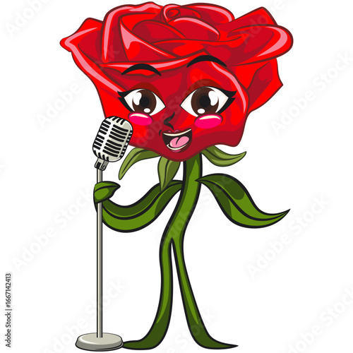 cute red rose flower cartoon mascot character vector illustration on front of the mic, work of hand drawn