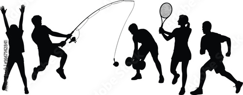 Silhouette of people doing sports, fishing, exercising, tennis, weightlifting, running, active lifestyle vector, fitness illustration, black sport artwork