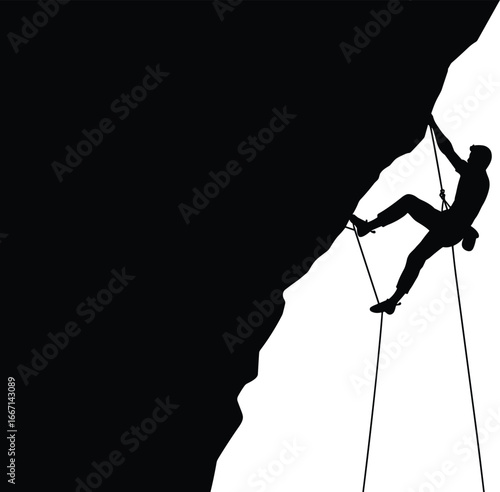 Silhouette of rock climber on steep cliff, extreme sport, adventure, outdoor challenge, rope safety, mountain climbing, black and white illustration