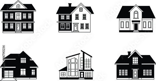 Black and white vector silhouettes of residential houses showcasing traditional and modern architectural designs with pitched roofs, windows, doors, garages, and detailed facades