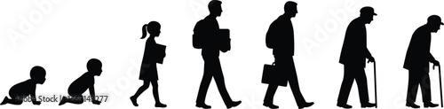 Silhouette sequence showing human life stages from baby to elderly, aging process, growth, development, evolution, generational change, timeline illustration, concept art