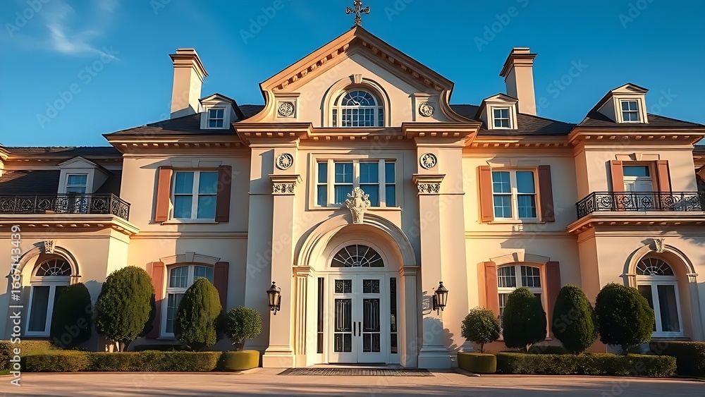 Fototapeta premium Grand mansion entrance featuring intricate architectural details under clear daylight skies.