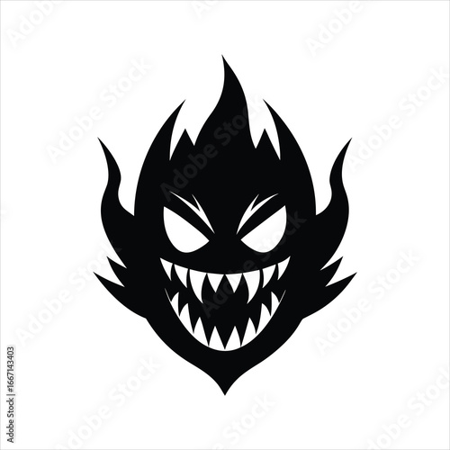 Horror Monster Face with Flames Black and White Vector