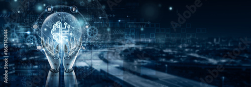 Hand of robot holding machine learning model on global network connection, predictive analytics, data training, AI optimization, intelligent decision-making, automated algorithms, digital innovation