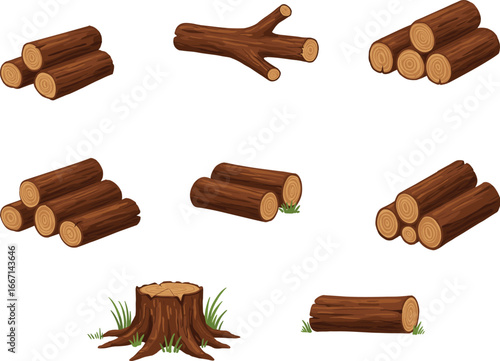 Cartoon forest logs and tree stump with grass isolated on white background vector clipart collection for nature and woodland design