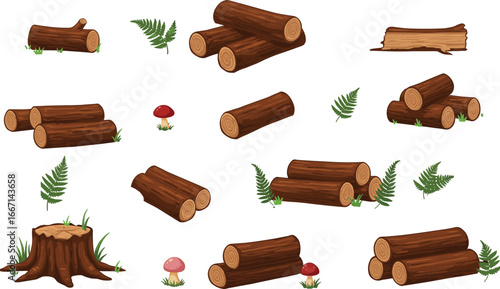 Cartoon forest logs, tree stumps, red and pink mushrooms with green fern leaves isolated on white background vector clipart collection