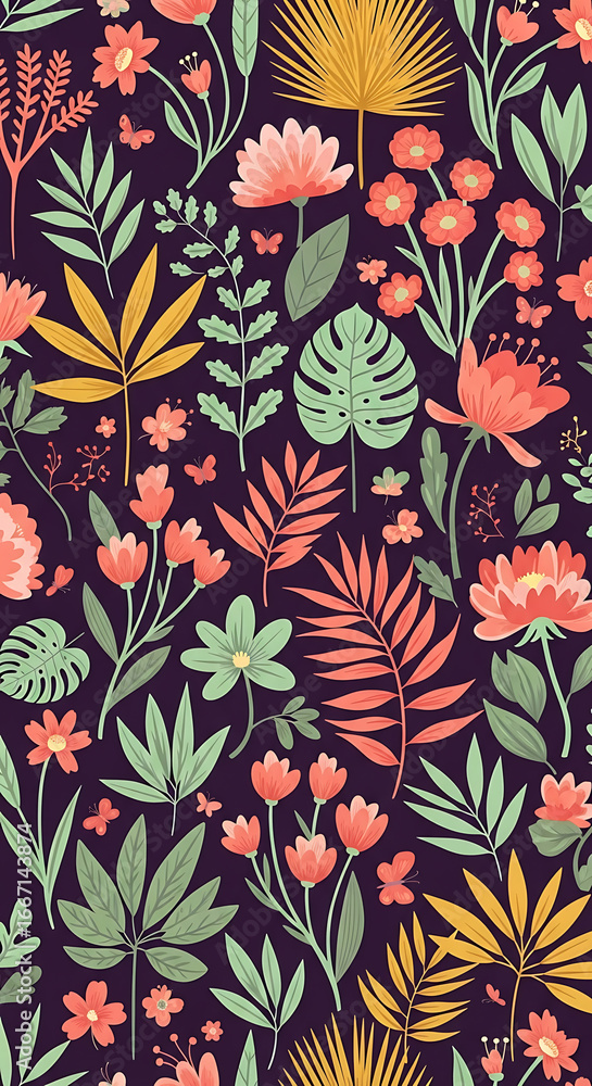Fototapeta premium Colorful botanical pattern with stylized tropical flowers and leaves on a dark background, highlighting vibrant contrast and decorative design.