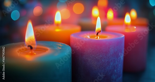 Colorful Candles Glowing Warmly in a Serene Ambiance During a Cozy Evening Ga...