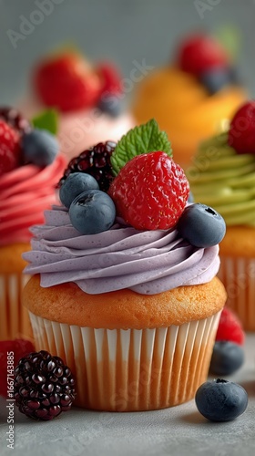 Colorful Cupcakes With Fruit Toppings Displayed on a Blue Background.