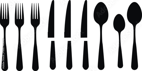 Silhouette, cutlery, forks, knives, spoons, teaspoons, kitchen, utensils, dining, tableware, black, white, isolated, restaurant, cooking, meal, food, service, arrangement, collection, set