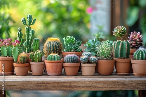 Collection of Vibrant Cacti and Succulents Arranged on a Wooden Table in a Su...
