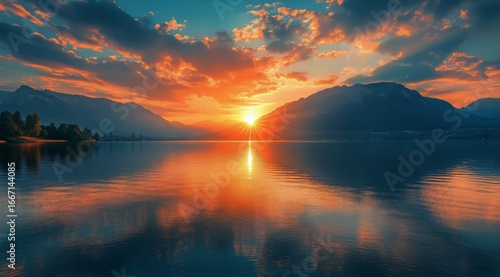 Beautiful Sunset Over a Tranquil Lake Surrounded by Mountains Reflecting Warm...